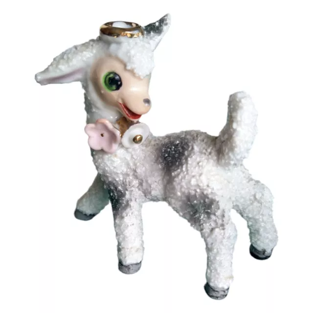 Vintage Sugar Sand Texture Lamb ANGEL HALO FIGURINE Anthropomorphic Funny