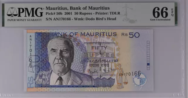 Mauritius 50 Rupees 2001 P 50 b GEM UNC PMG 66 EPQ