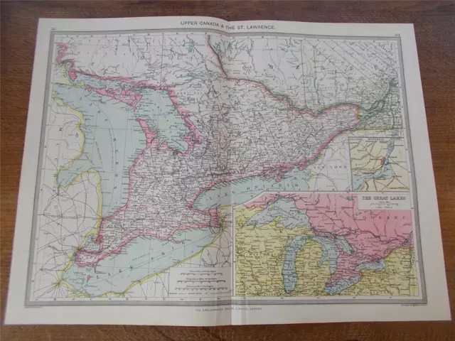 Antique c1904 Colour Map of UPPER CANADA & THE ST. LAWRENCE HARMSWORTH ATLAS VGC