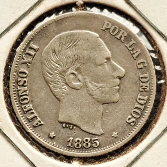 1885 Spanish Philippines 10 Centimos ALFONSO XII Rey De Espana SILVER Coin