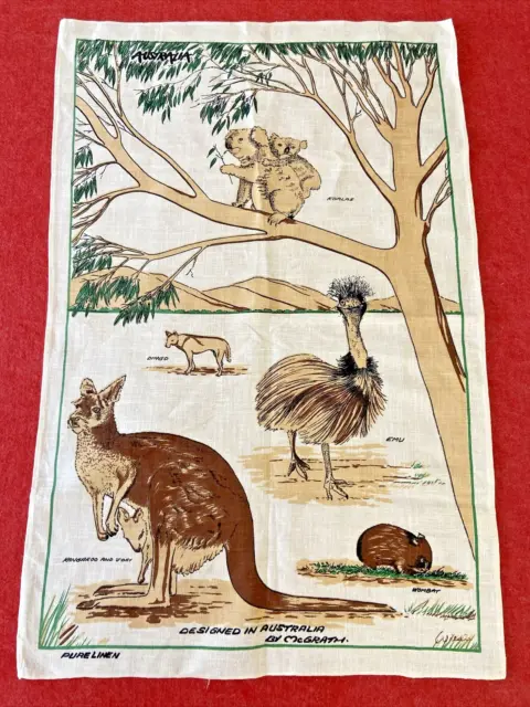 Vintage McGrath Pure Linen Tea Towel w Australian Animals Pattern Art Gift Idea