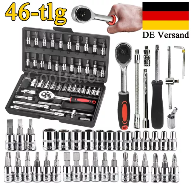 46 tlg Steckschlüssel Satz Set 1/4" Knarrenkasten Ratschenkasten Nusssätze Tool