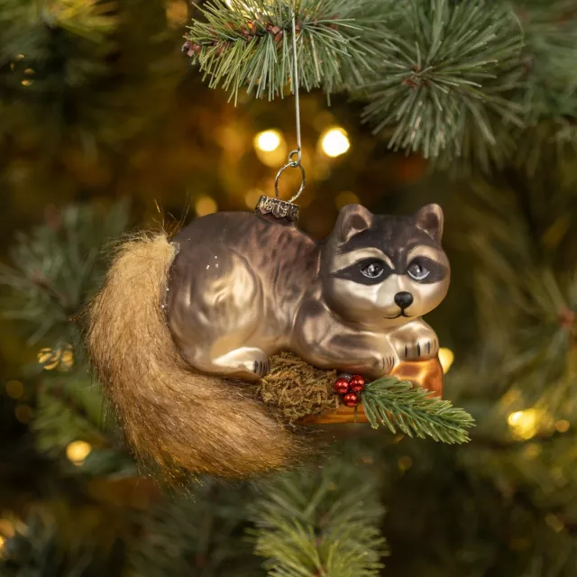 Ragon House Glass Raccoon Faux Fur Forest Tail Animal Ornament Christmas Decor