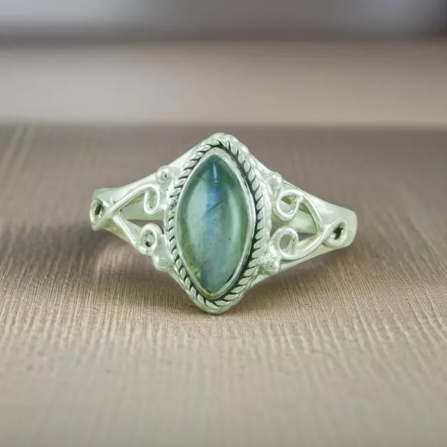 Handmade 925 Sterling Silver Marquise Side Cross Ring with Labradorite Jewelry