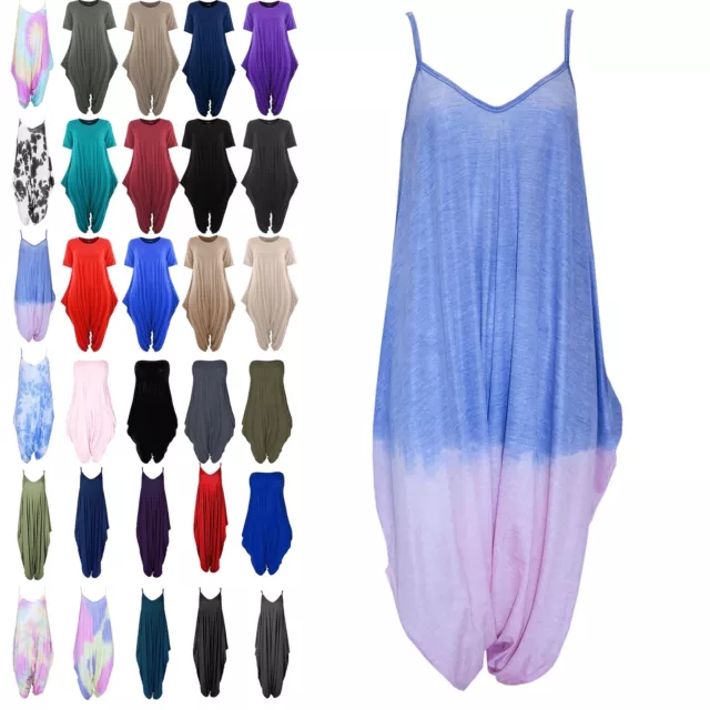 Womens Ladies Cami Strap Tie Dye Full Length Baggy Harem Italian Drape Jumpsuit