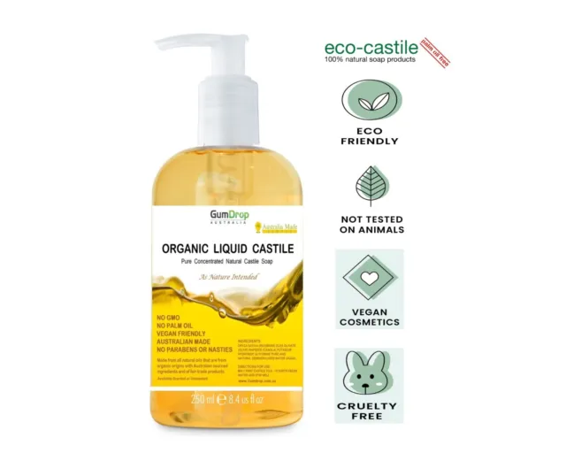 Organic Liquid Castile Soap Concentrate, Aust Made, Zero Palm Oil,  FREE POST