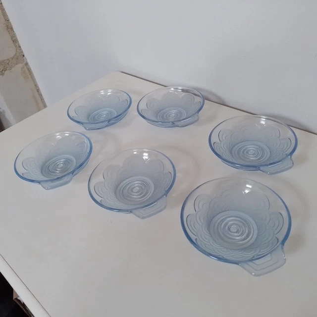 Lot De 6 Coupes à Glace Opaline Bleue - Vintage Art Déco - France - H.15 Cm