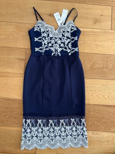 Lipsy bodycon midi Lace Bottom Strappy Dress Navy Size Regular 12 New With Tags