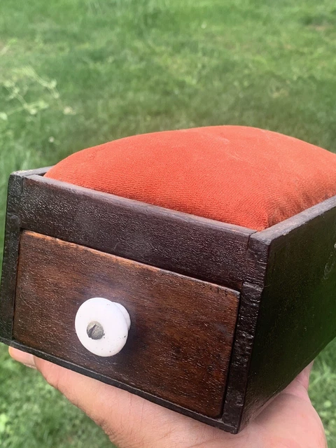 Antique Sewing Pin Cushion Primitive Wooden Box Dovetail Drawer Vintage Caddy NR