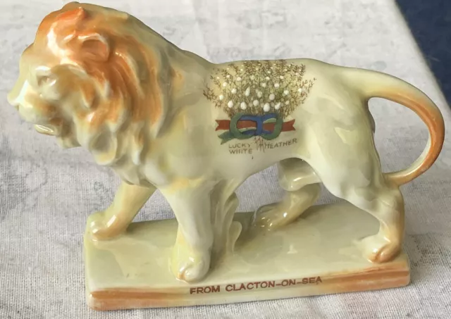 Vintage Ceramic Lustre Crested Lion. Lucky White Heather From Clacton. VGC.