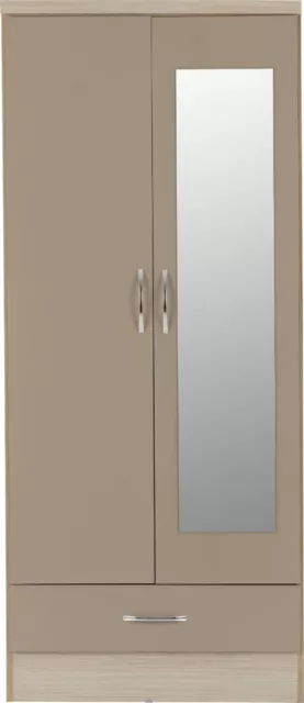 Nevada Light Grey Oak & Oyster Gloss 2 Door 1 Drawer Mirrored Wardrobe 2