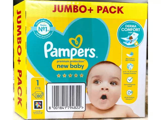 Pampers New Baby Size 1 Nappies Jumbo 80 Pk Ultra Absorbent Soft Sensitive Skin