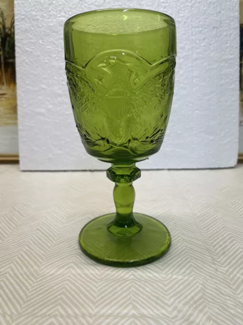 Vintage Kanawha Green Pressed Glass American Eagle Goblet