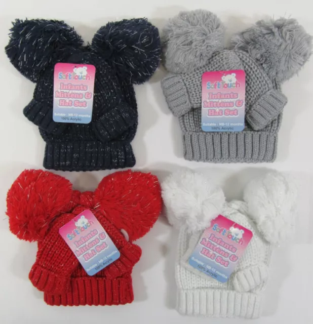 Set Guantoni Cappello Bobble 2 Pom per Bambine Rosso Lucido Navy Bianco Grigio