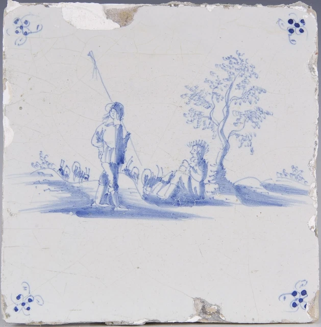 Nice Dutch Delft Blue tile, shepherds in landscape, late 17th century.