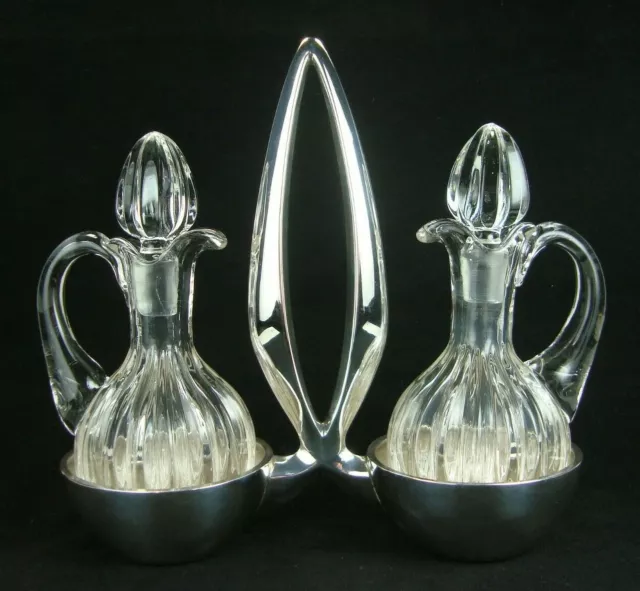 Vintage Modern Spanish 915 Silver Stand & Glass Bottles Oil & Vinegar Cruet Set