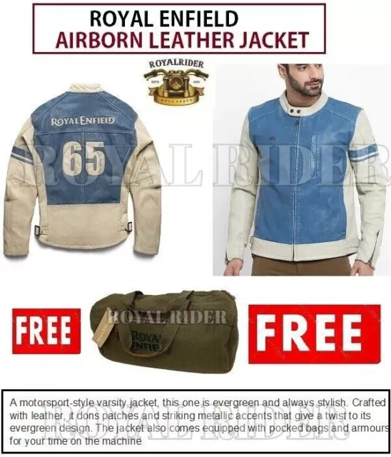 Veste En Cuir Royal Enfield Airborne "Blanc Et Bleu" - Sac De Voyage Gratuit