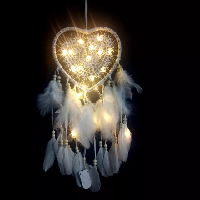 LED Light Love Heart Dream Catcher Kids White Feather Handmade Gift Wall Hanging 3