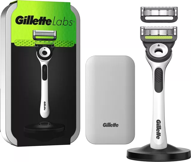 Gillette manico bianco rasoio esfoliante, 2 ricariche lame, custodia da viaggio e supporto Gillette manico bianco rasoio esfoliante, 2 ricariche lame, custodia da viaggio e supporto