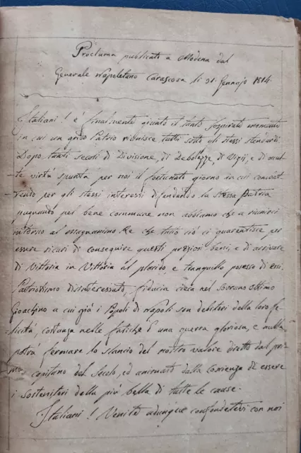 Manoscritto su carta vergellata. Proclami e argomenti storici 1809-1820