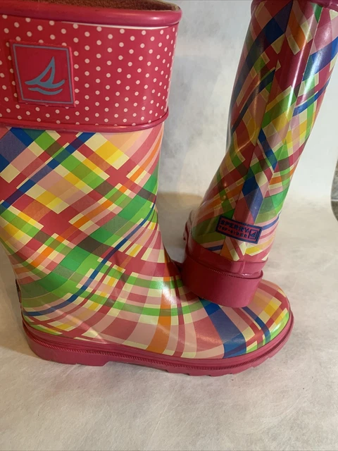 sperry pelican pink plaid rubber rain boots sz 4