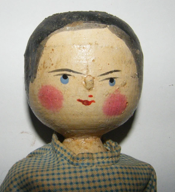 11.5" Antique Victorian Vtg Wooden Jointed Peg Doll Grodnertal & Dress Folk Art