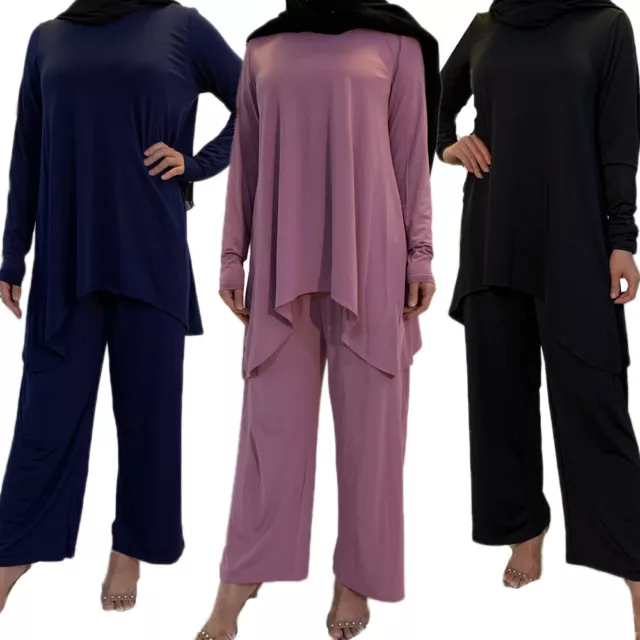 Two Piece Women Fashion Set Muslim Dubai Arab Kaftan Long Sleeve Tops Pants Suit