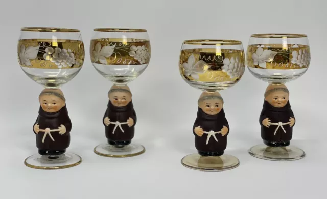 Gobel Hummel Gold Etched Monk Figurine Stemmed Wine Glasses Of Friar Tuck