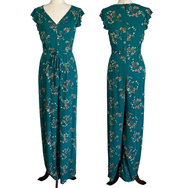 XHILARATION Teal Green Floral Ruffle Cap Sleeve Jumpsuit Size Small Tie Waist