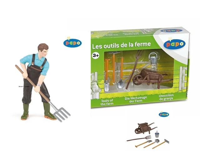 Papo Spielfiguren 39216 + 51140 Gärtner / Bauer + Schubkarre + Geräte - NEU OVP