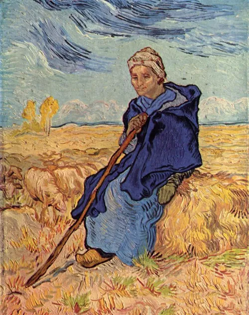 Oil painting Vincent Van Gogh - old woman sitting with sheep in landscape