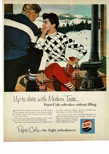 1954 PEPSI COLA Soda couple in ski lodge JOE BOWLER artist VINTAGE PRINT AD