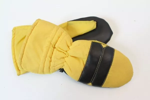 Vintage Handschuhe Fäustlinge gelb schwarz ungetragen Polyamid Gr 5