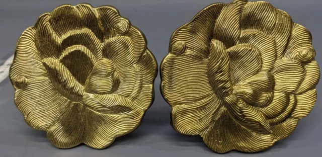 Pair Brass of Curtain Holder Tie Backs 4.5" Round Lotus Flower Pattern India Vtg