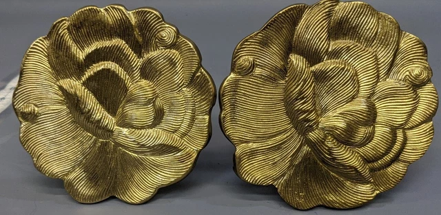 Pair Brass of Curtain Holder Tie Backs 4.5" Round Lotus Flower Pattern India Vtg