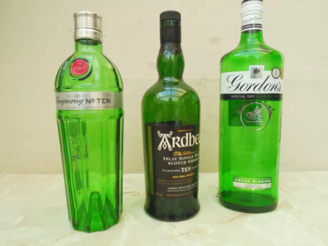 x3 EMPTY collectable spirit bottles as showing  Ardberg, Tanquery, GOrdons