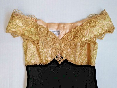 Vintage 80's Scott McClintock Dress Sz 4 Black Velvet Gold Metallic Off Shoulder