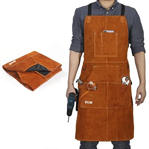 Leather Welding Work Apron with 6 Tool Pockets, Heat & Flame Resistant Apron,