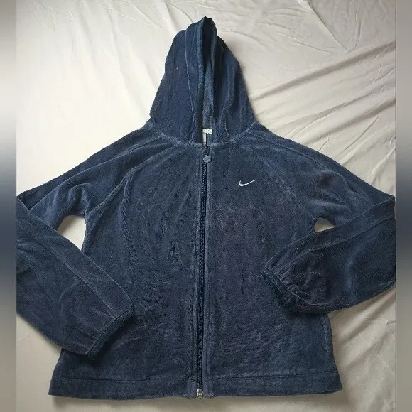 Nike Blue Velour Track Jacket Hooded Youth size Medium long sleeve full zip
