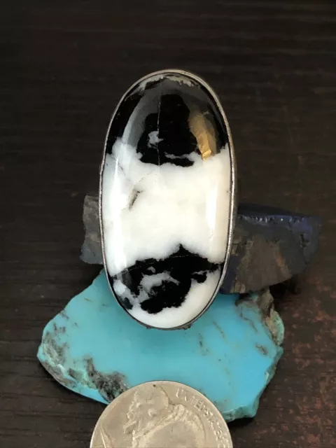 Old Southwest White Buffalo Turquoise sterling silver big oval ring size 9