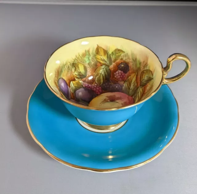 Vintage Aynsley  Orchard Fruit Teacup and Saucer: Turquoise, Gold Trim.  Signed