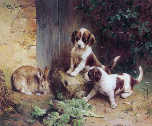 Best Of Friends Rabbit Puppies Dogs Animal Painting  By Carl Reichert Repro