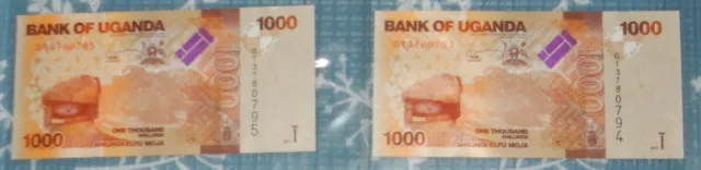 Uganda 1000 Shilling 2017 Consecutive Pair Currency Bank Money Banknote