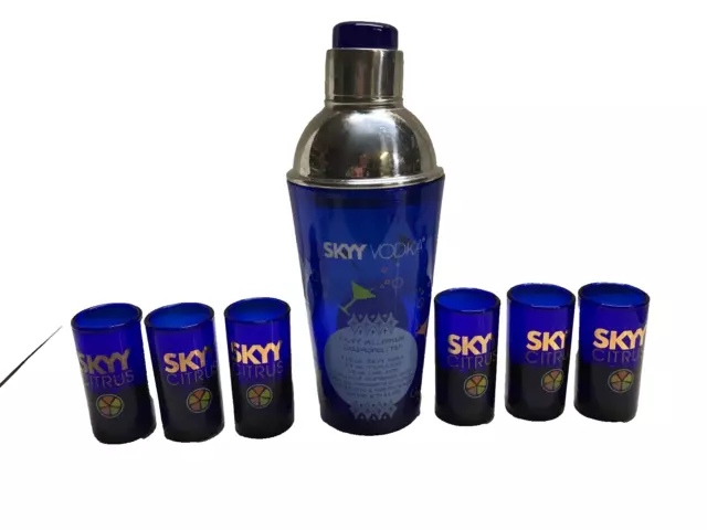 Vintage Skyy Vodka Cobalt Blue Bar Cocktail Glass Shaker  & 6 Shot  Glasses  HH