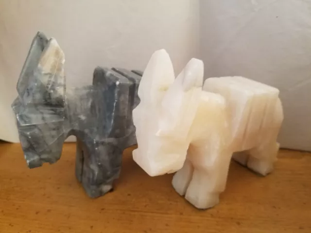 Pair Of Miniature Stone Carved Donkeys Dark Lite Grey & One Beige Figurine 4x4x1