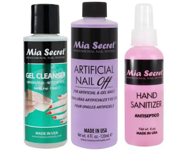 Limpiador de gel Mia Secret 4 oz, apagado de uñas artificial 4 oz, desinfectante de manos 4 oz (JUEGO)