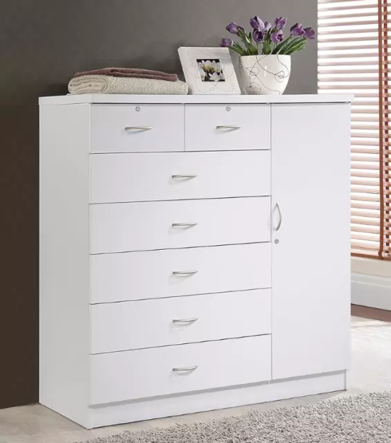 Large Wood Bedroom Dresser White Cabinet Tall Chest with 7 Drawers Door 3 Locks