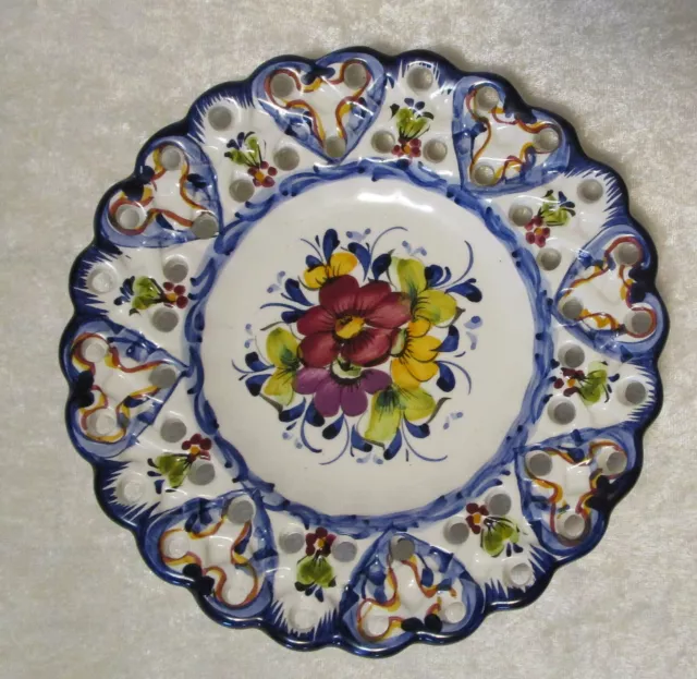 Reticulated Hand Painted decorative plate. Faireal Alcobaca Portugal. Floral
