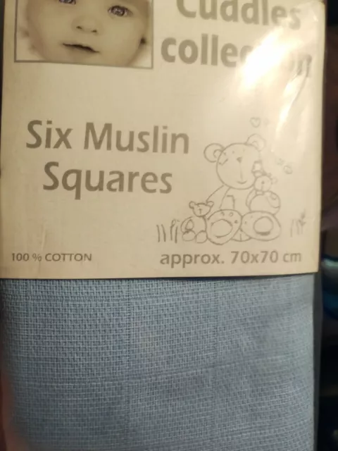 6 Muslin Squares 100% Cotton Blue  70 cm x 70 cm Cuddles Collection Old Stock