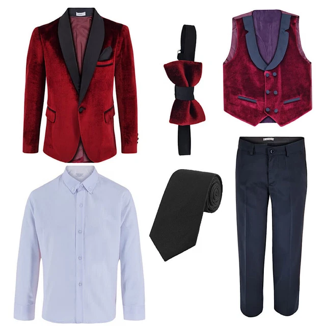 Boys Velvet Formal Suits Prom Wedding Page Boy Burgundy Tuxedo Suit 5 Piece UK